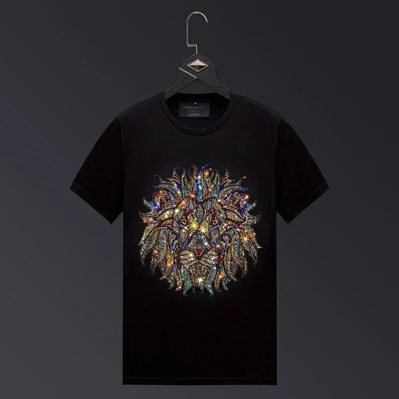 New Fashion Lion Rhinestones Summer Short Sleeve Luxury Men Streetwear T-Shirt