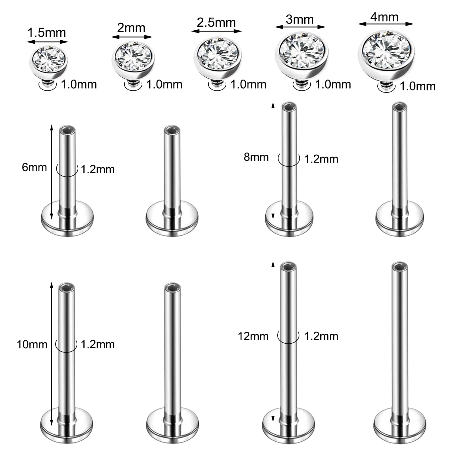 16g/18g Surgical Steel Labret Lip Stud CZ Cartilage Earring Lip Piercing Jewelry - Picture 27 of 32