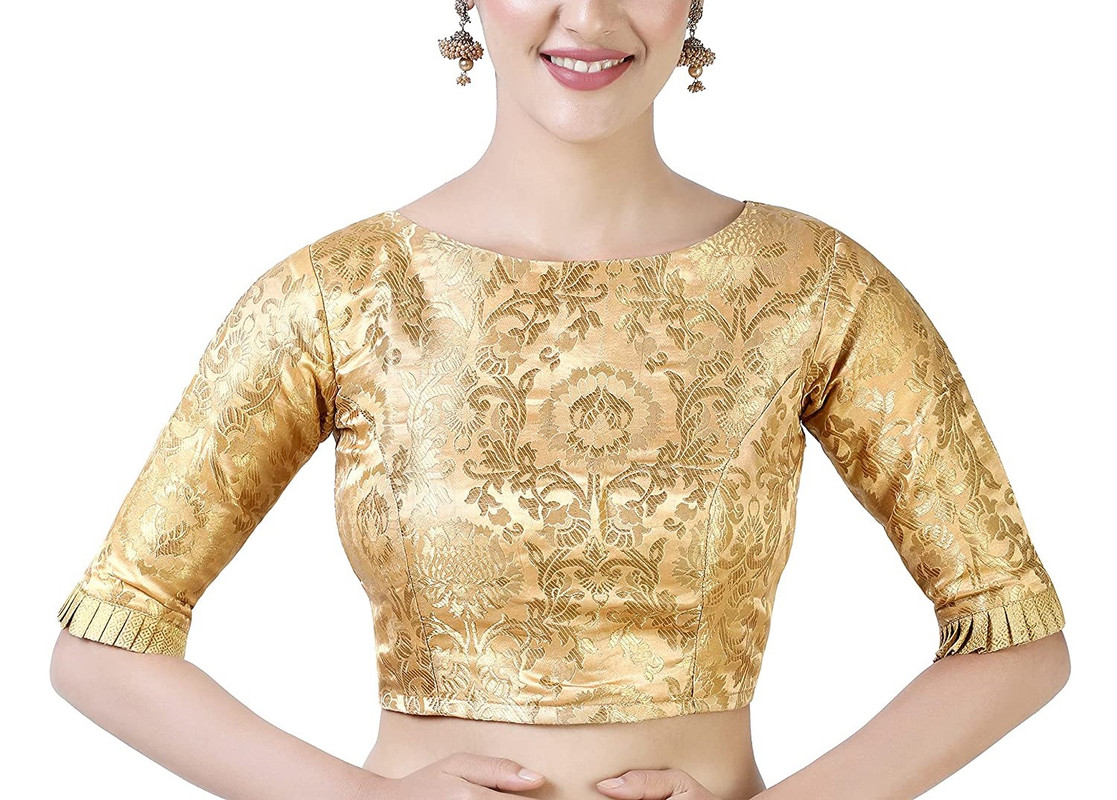 Brocade Saree Blouse Beautiful Lehenga Crop Top Ethnic Choli Boat Neck Partywear - Picture 51 of 110