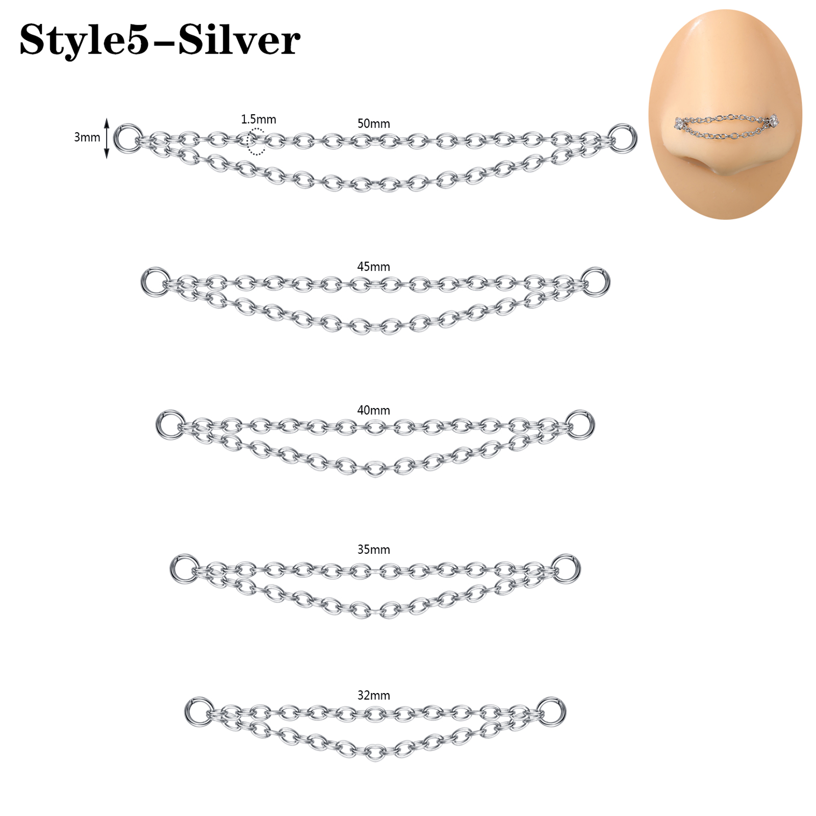 5Pcs Stainless Steel Nose Chain Double Nostril Piercing for Women Men Jewelry - Picture 66 of 104