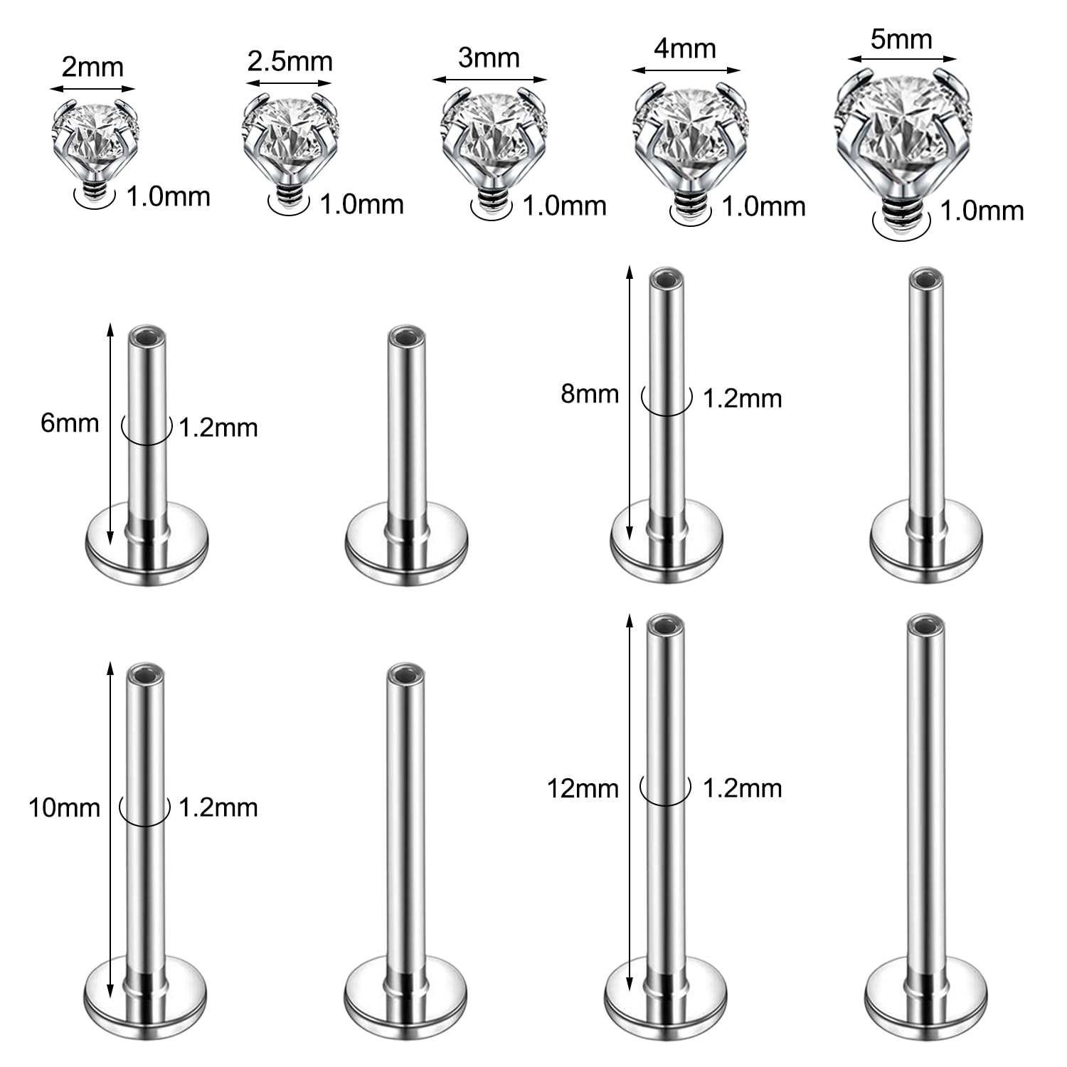 16g/18g Surgical Steel Labret Lip Stud CZ Cartilage Earring Lip Piercing Jewelry - Picture 29 of 32