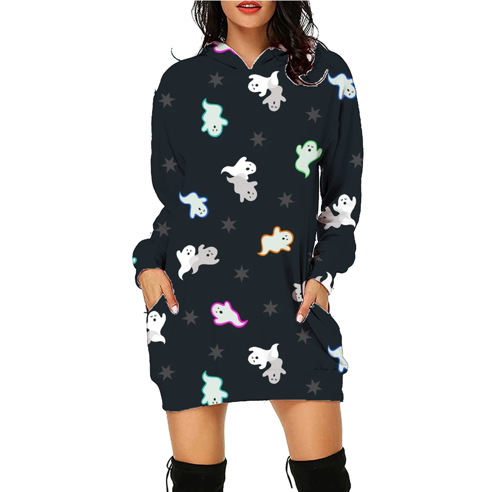 Women's Halloween Print Long Hoodie with Pockets Sweater Long Sleeve - Picture 41 of 55
