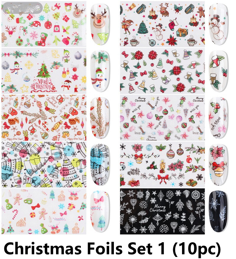 10pc Christmas Nail Art Transfer Foils set sticker snowman snowflake tree Xmas