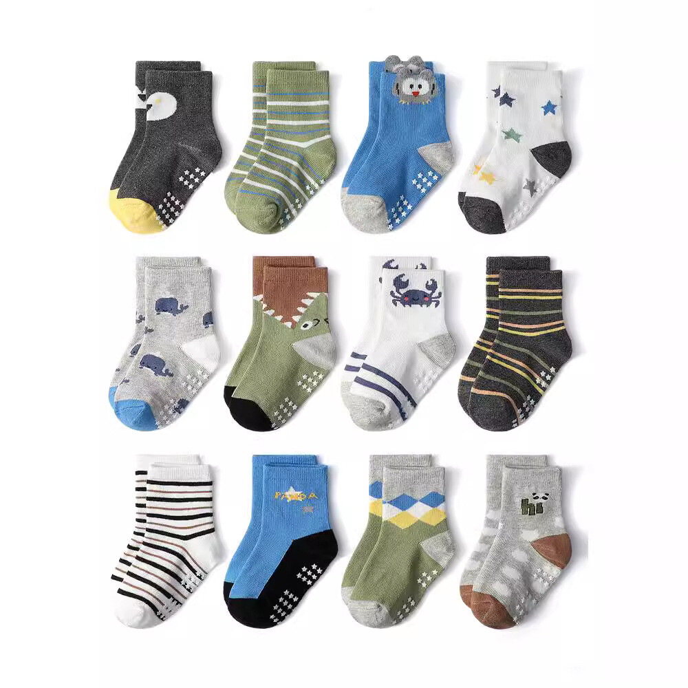 12 Pairs Non Slip Kids Socks Toddler Baby Socks Grip Cotton Skid Boy Girl Cotton