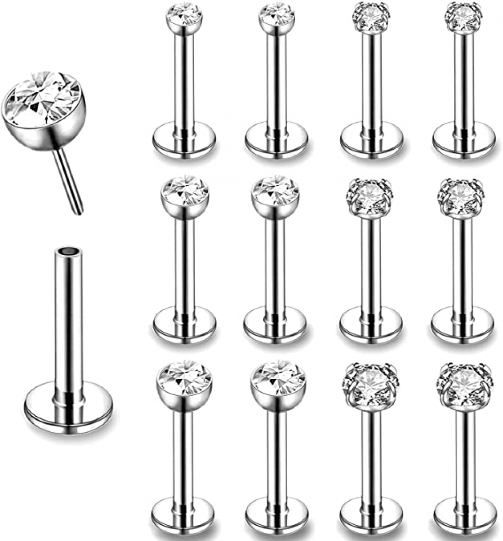 12Pcs 16G Threadless Lip Studs Stainless Steel CZ Helix Earring Labret Piercing - Picture 25 of 53