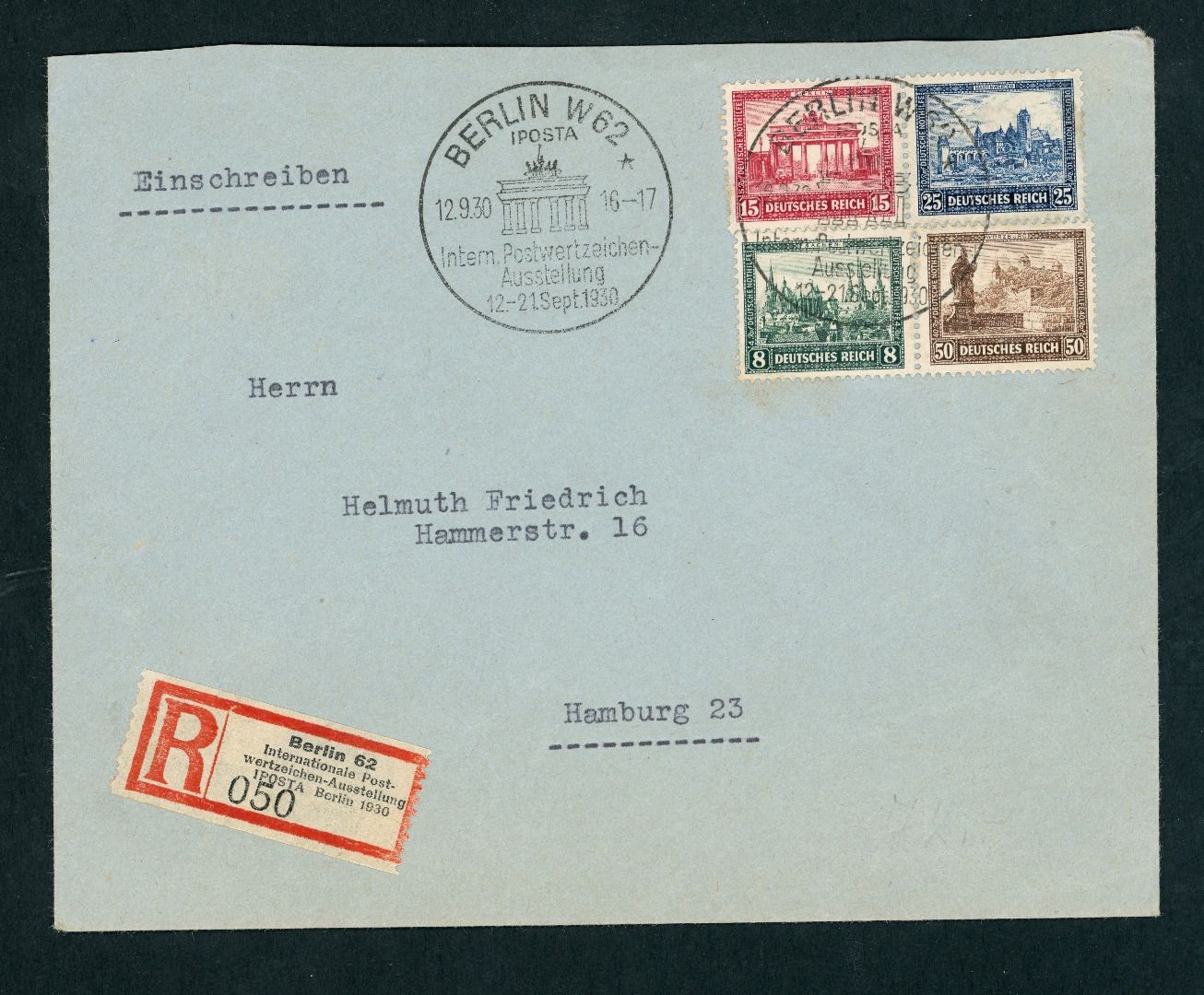 German Reich Michel Numbers 446-449 FDC Registered Mail Berlin IPOSTA to Hamburg