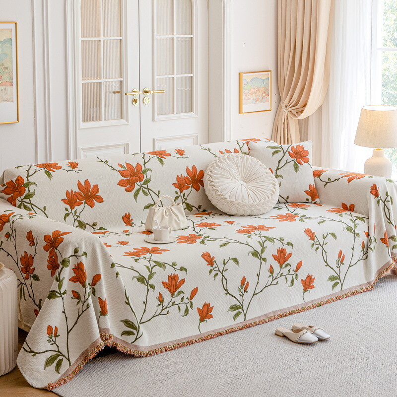 Magnolia Floral Sofa Cover Full Wrap Cotton Couch Protector Throw