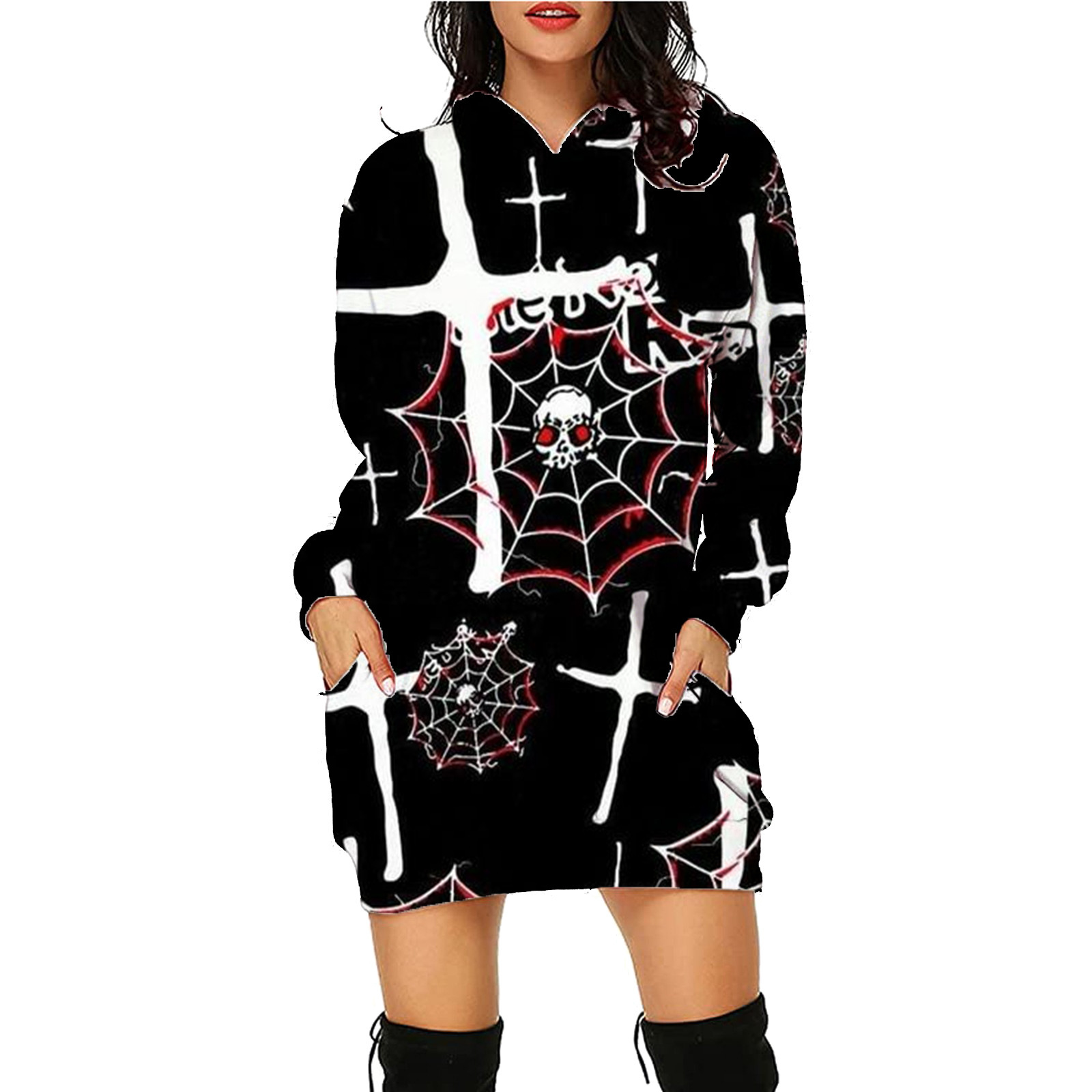 Women's Halloween Print Long Hoodie with Pockets Sweater Long Sleeve - Picture 22 of 55