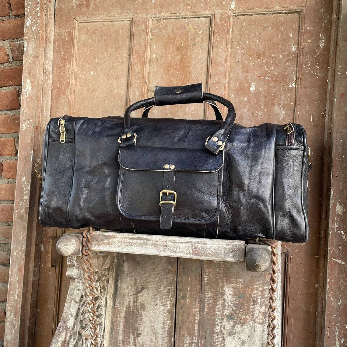 Kaufe Overnight Vintage Weekend Bag Cognac Leder Duffle Travel Gym Echtes Gepäck zum Preis ab 92