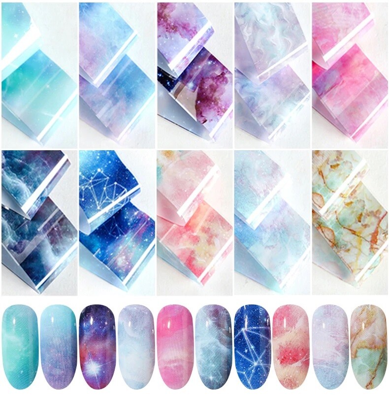 10pc Starry Night Galaxy Marble Nail Art Transfer Foils set sticker Nails sky