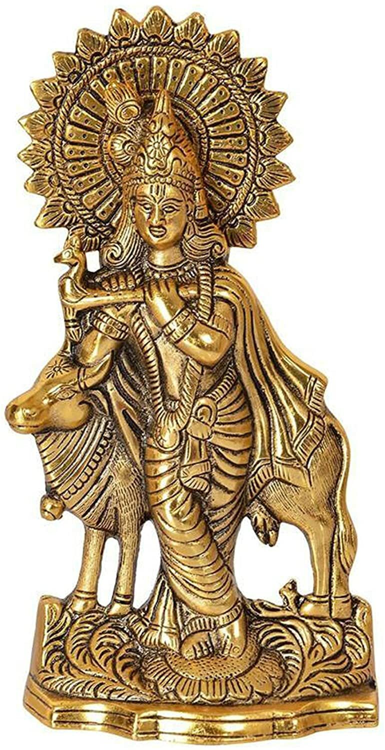 Brass Hindu God Krishna Ganesha Laxmi Pooja Plate Idol Sculpture Statue Figurine