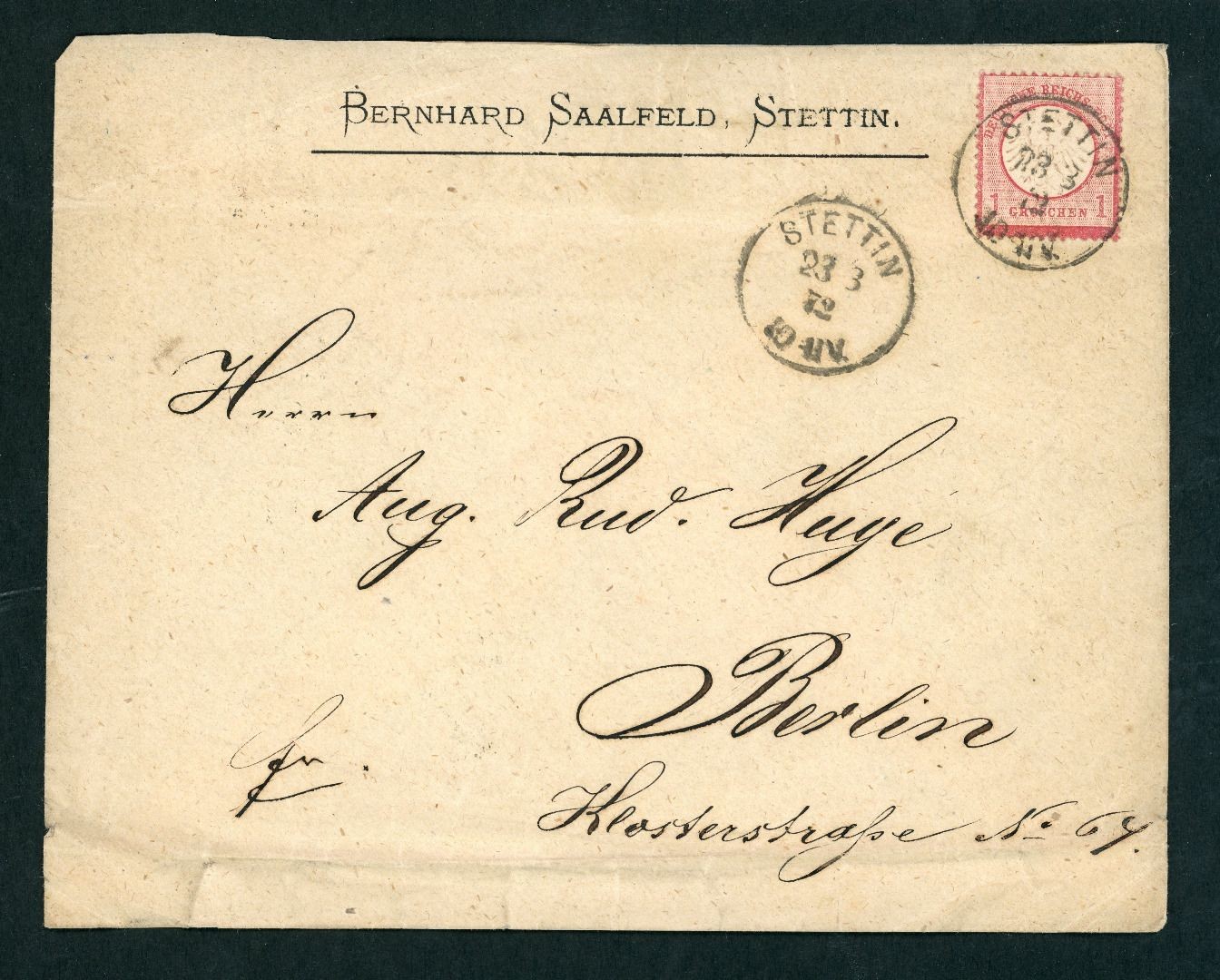 German Empire Michel number 4 single franking Stettin to Berlin
