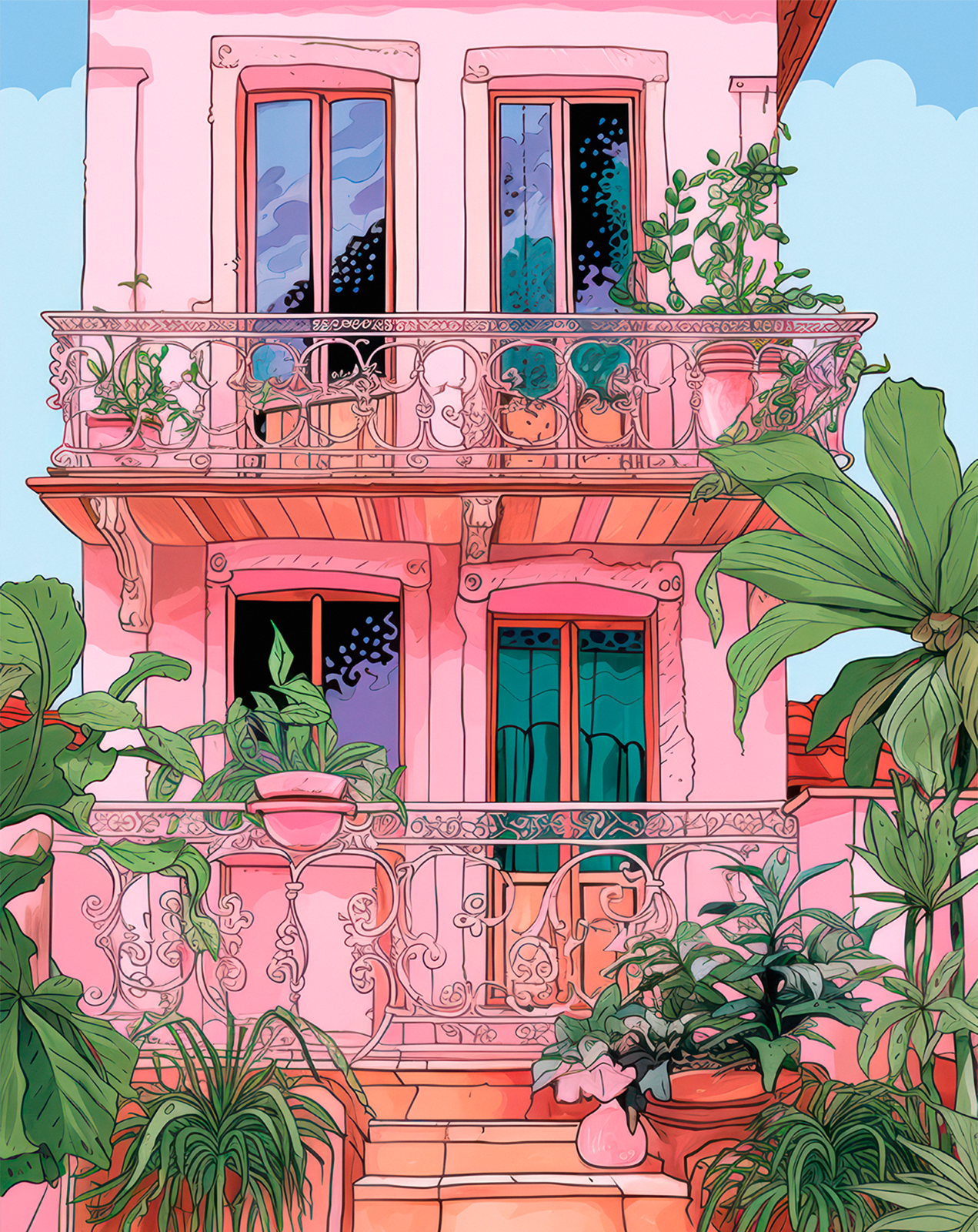 Pink Balcony Wall Art Garden Terrace Building Poster – 12X16/16X20/18X24/24X36