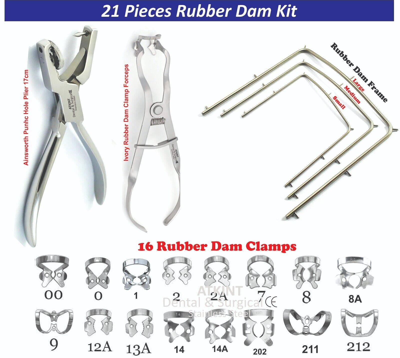 New 21 pcs Dental Rubber Dam Kit Clamps Forceps Frame Ainsworth Brewer Winged CE