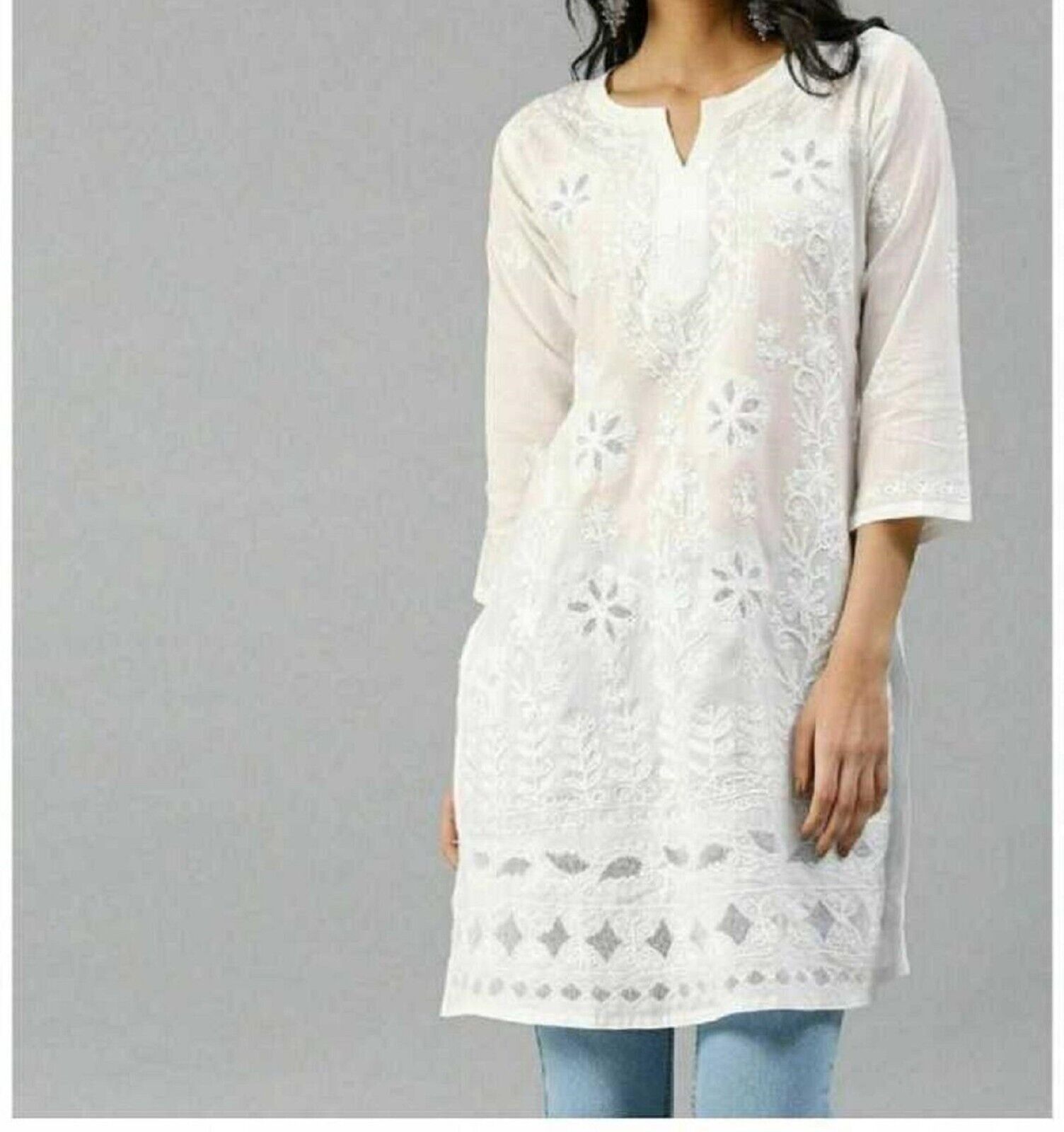 Indian Women Kurta Cotton Embroidery Ladies Kurti Chikankari Dress Readymade Top