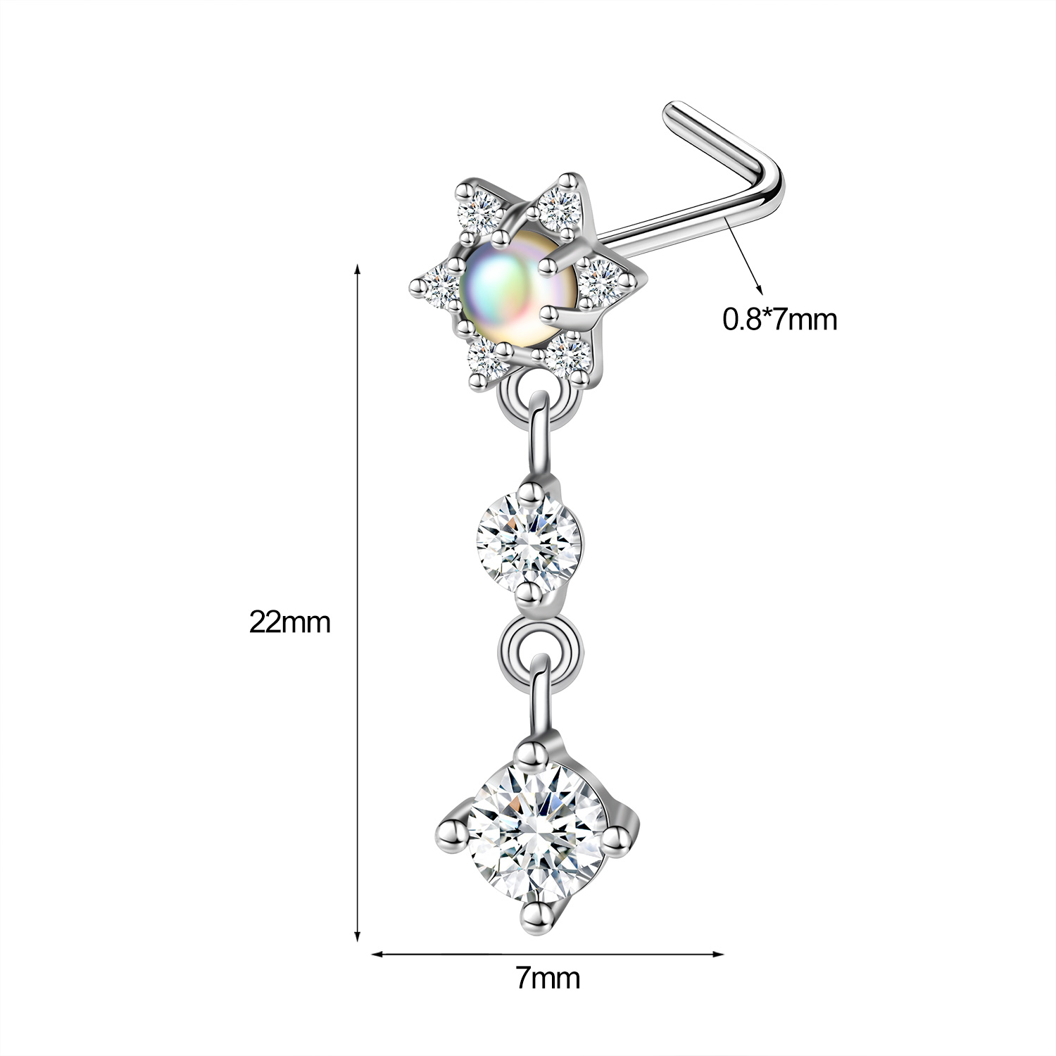 1 Pc 20G Stainless Steel L-Shape Nose Studs CZ Dangle Nostril Piercing Jewelry - Picture 38 of 117