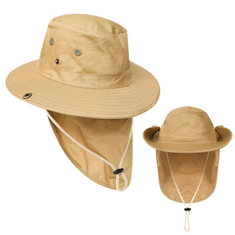 Men Bucket Boonie Hat Neck Cover Flap Sun Wide Brim Fishing Outdoor Cap Quickdry