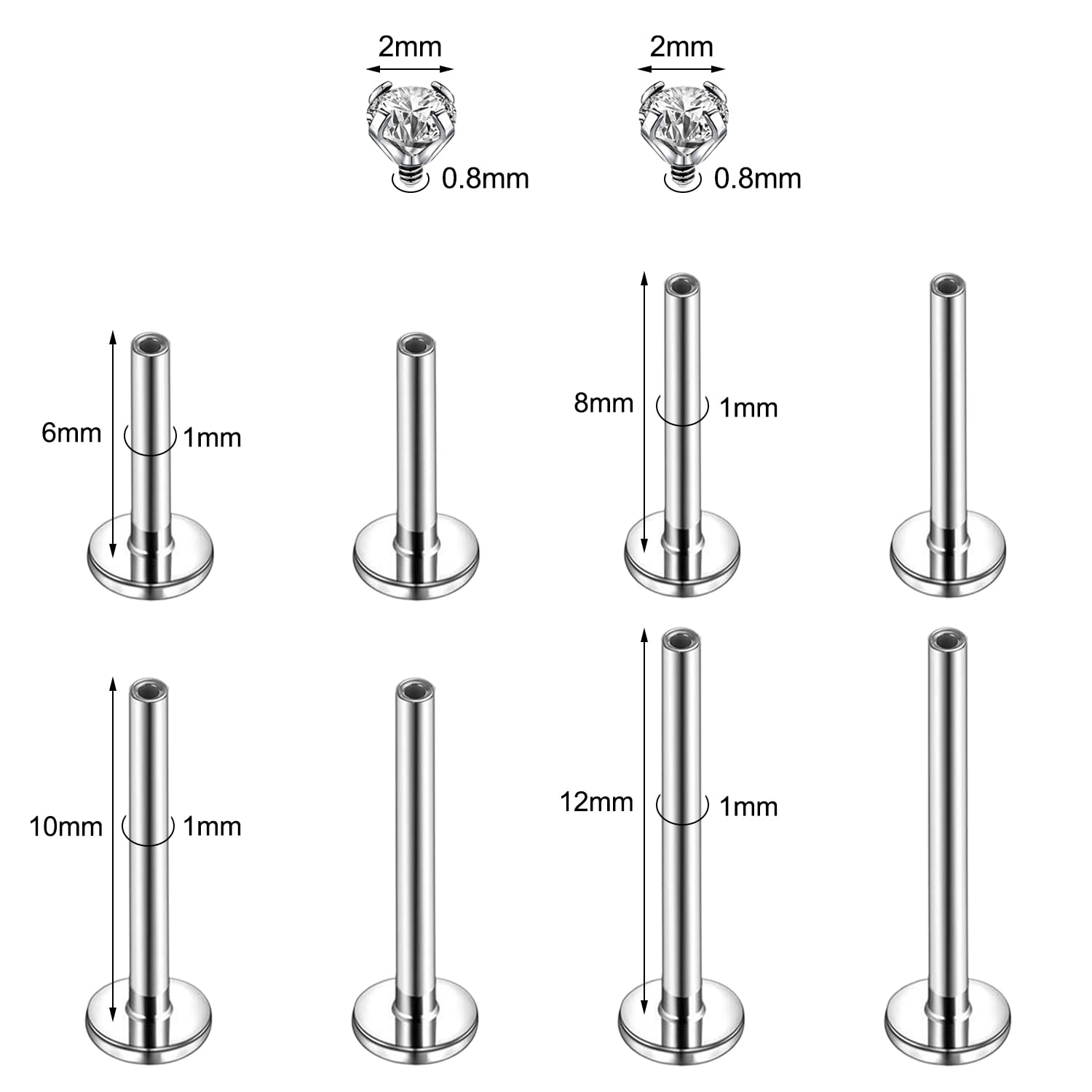16g/18g Surgical Steel Labret Lip Stud CZ Cartilage Earring Lip Piercing Jewelry - Picture 26 of 32