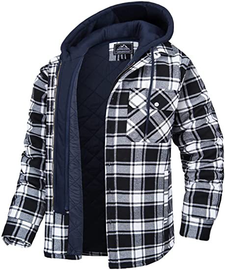 Men's Plaid Hooded Coat Winter Warm Button Zip-up Jacket Fashion Casual Thick Pa