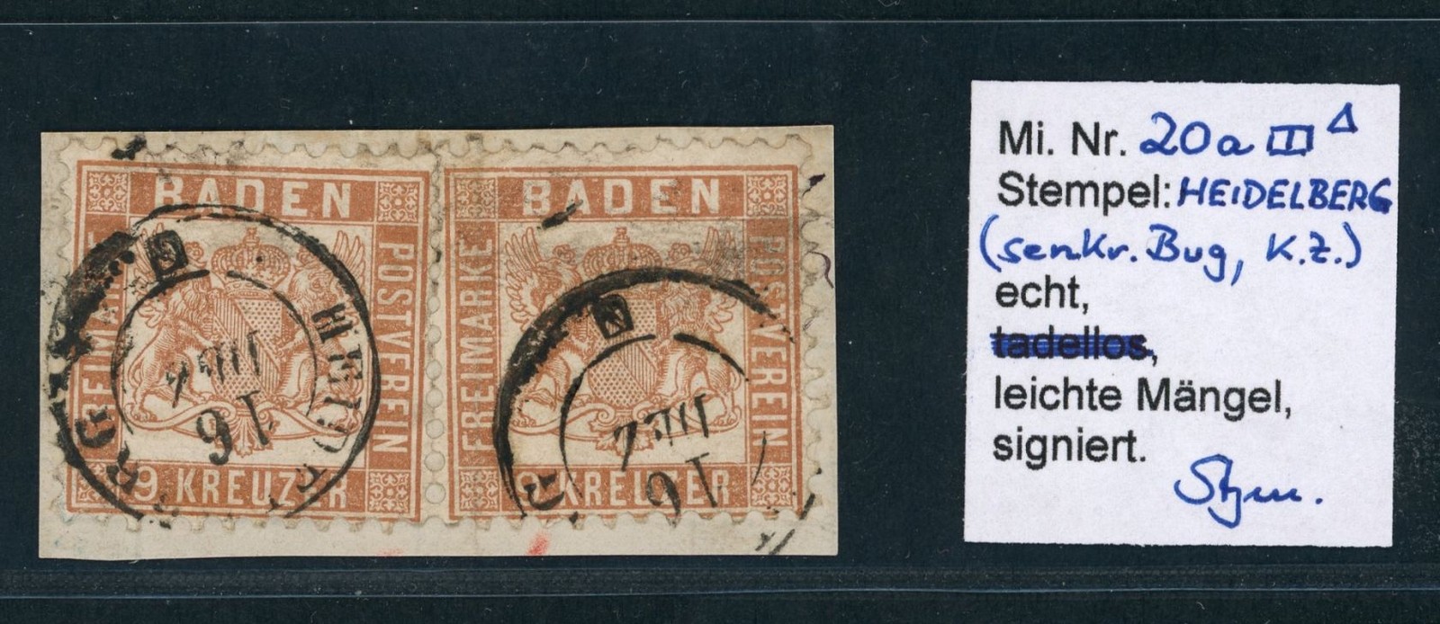 Baden Michel number 20a stamped pair Heidelberg, inspected minor defects