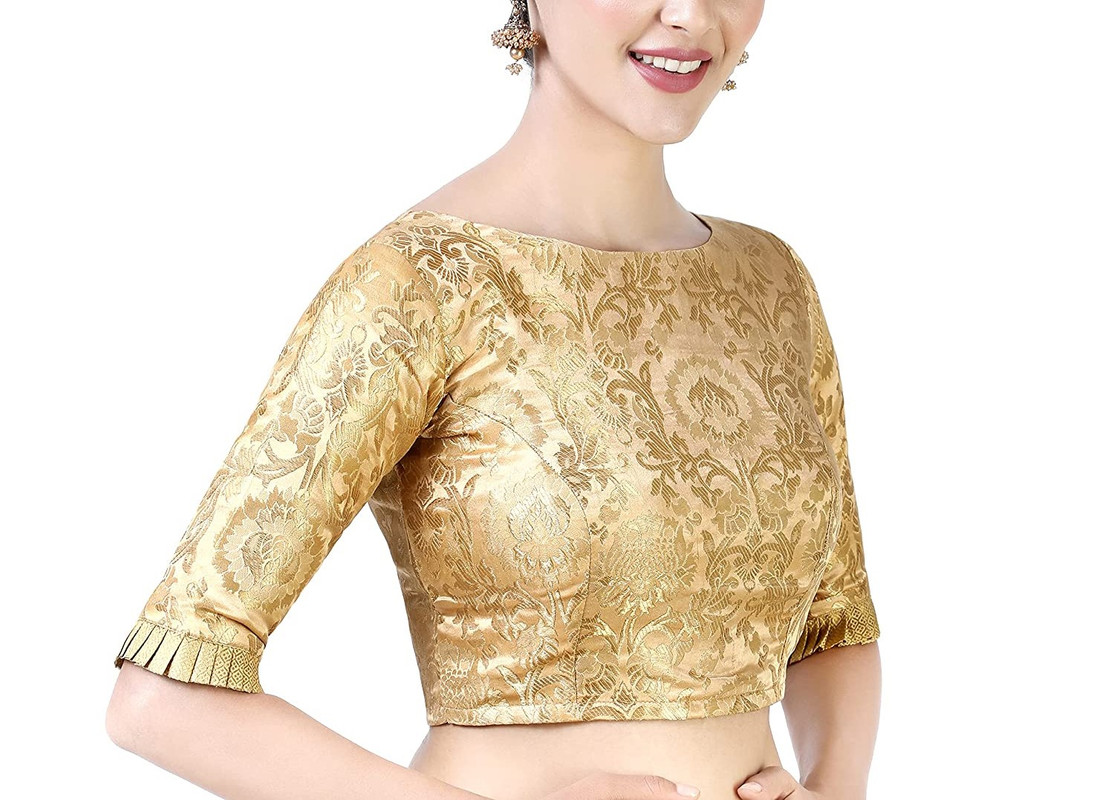 Brocade Saree Blouse Beautiful Lehenga Crop Top Ethnic Choli Boat Neck Partywear - Picture 58 of 110