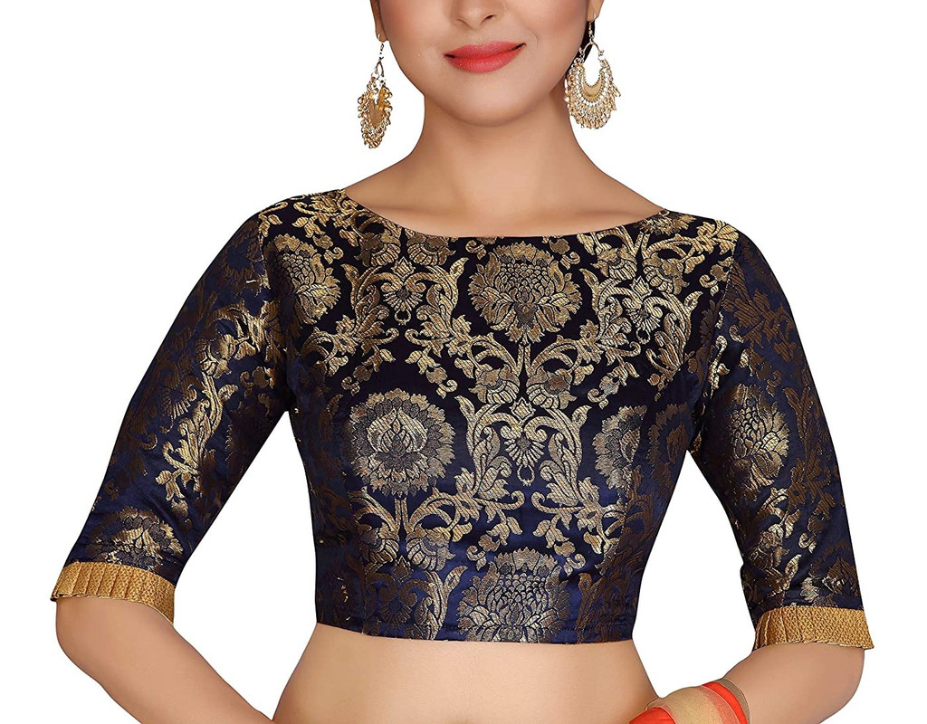 Brocade Saree Blouse Beautiful Lehenga Crop Top Ethnic Choli Boat Neck Partywear - Picture 90 of 110
