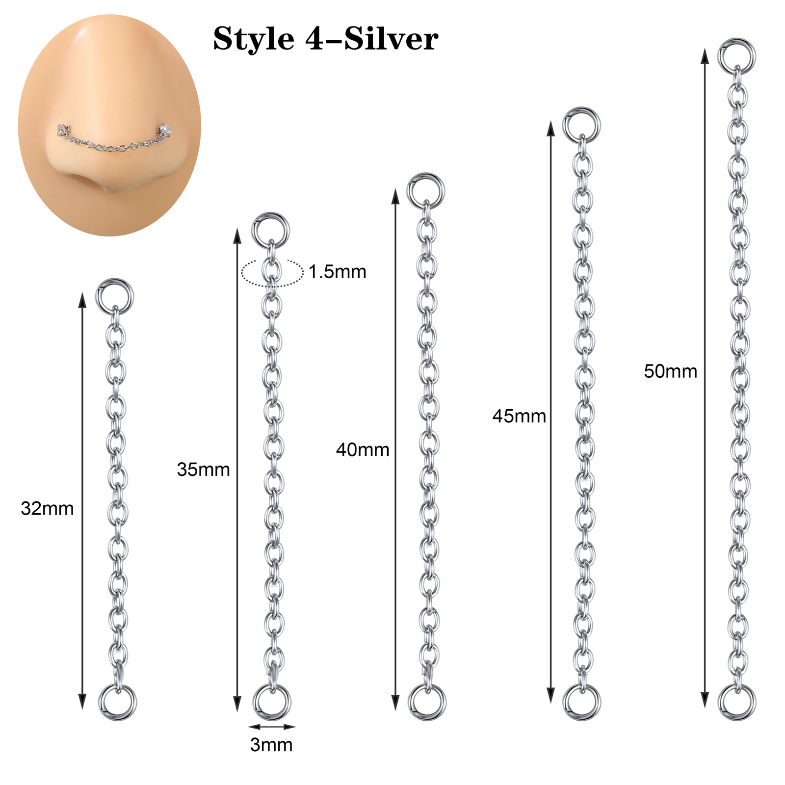 5Pcs Stainless Steel Nose Chain Double Nostril Piercing for Women Men Jewelry - Picture 54 of 104