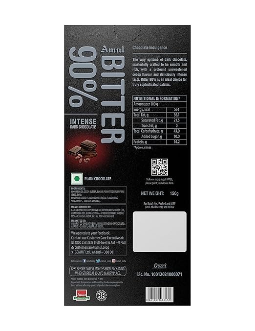 AMUL BITTER 90% Chocolate, 150 Gram ( Pack of-1 ) Free shipping $26.13 ...