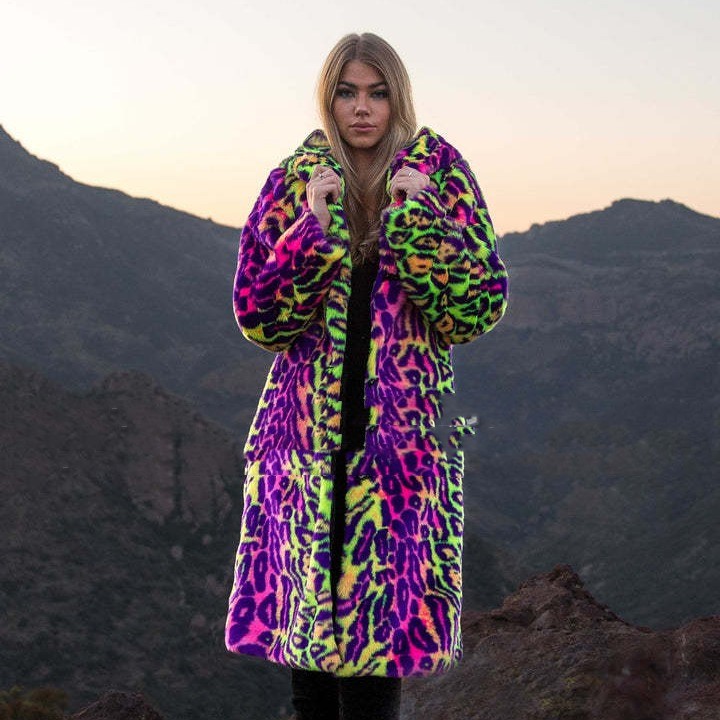 Fur Neon Leopard Print Furry Coat - Picture 7 of 10