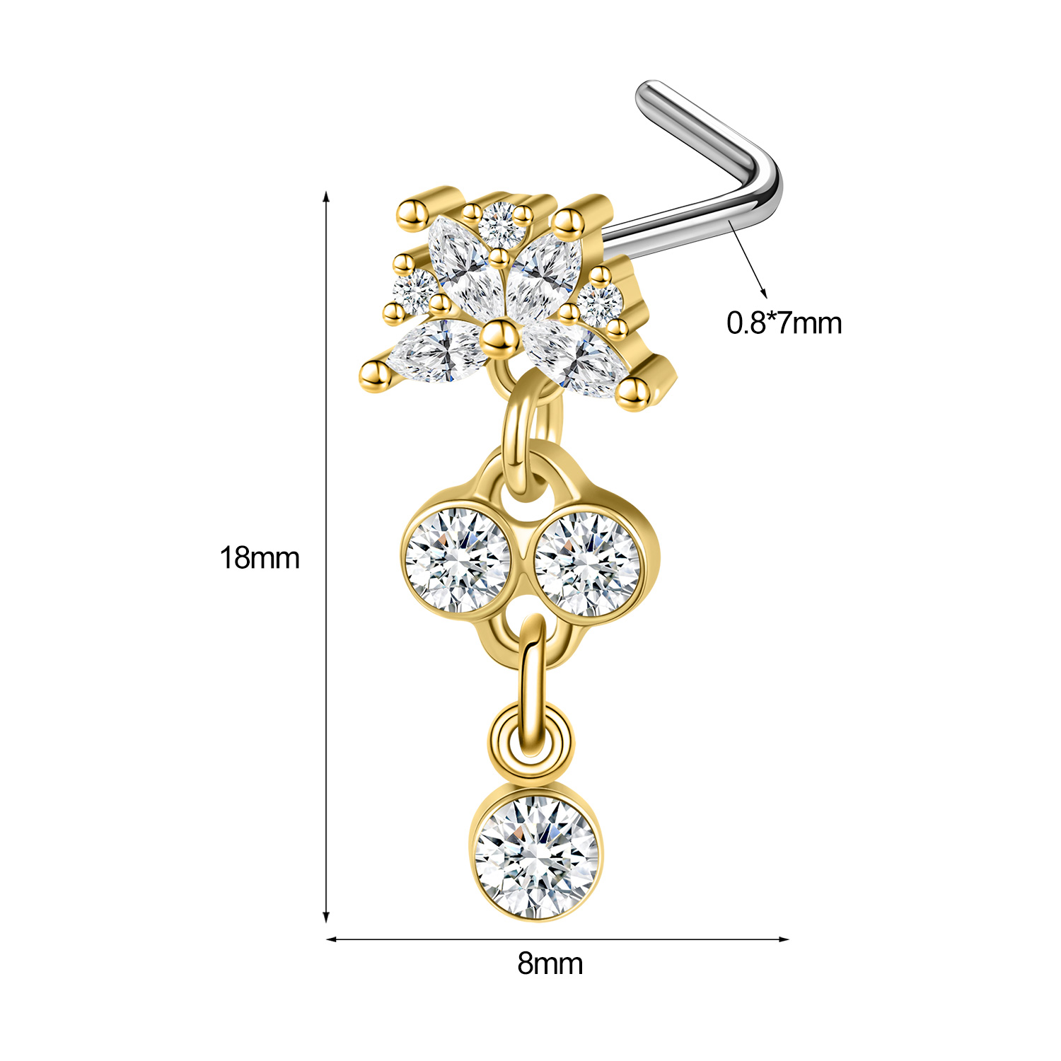 1 Pc 20G Stainless Steel L-Shape Nose Studs CZ Dangle Nostril Piercing Jewelry - Picture 78 of 117