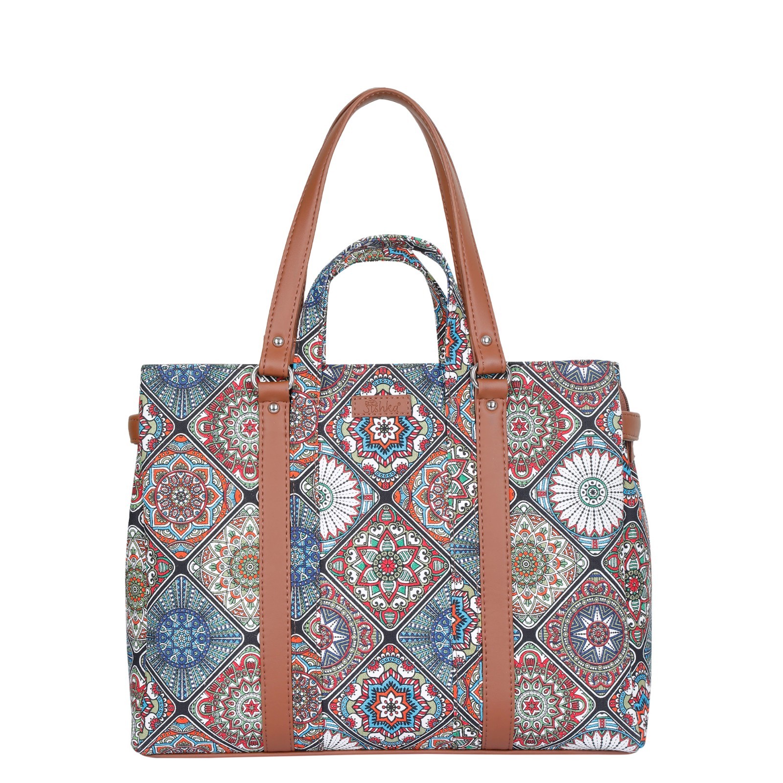 Women’s Printed Fabric Tote Bag – Vegan Leather Trim Satchel Shoulder Handbag