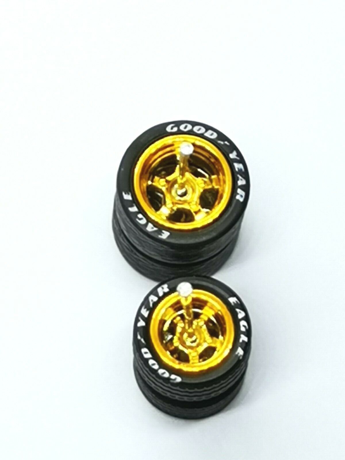 thumbnail image 2 of 1:64 Scale 5-Spoke Good Year Rubber Tire Set – Plastic Rim, Rubber Tyre – 10/12mm Combo Selection (Long Axle) 2 of 6