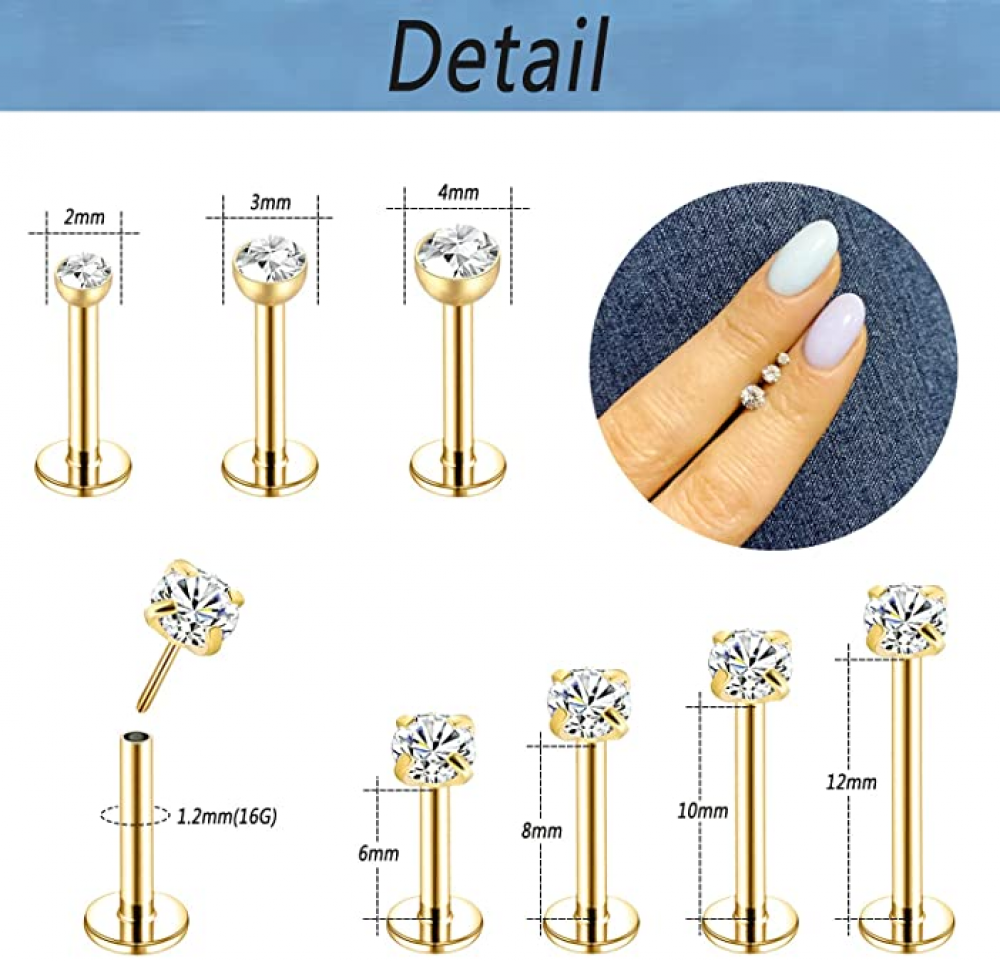 12Pcs 16G Threadless Lip Studs Stainless Steel CZ Helix Earring Labret Piercing - Picture 34 of 53