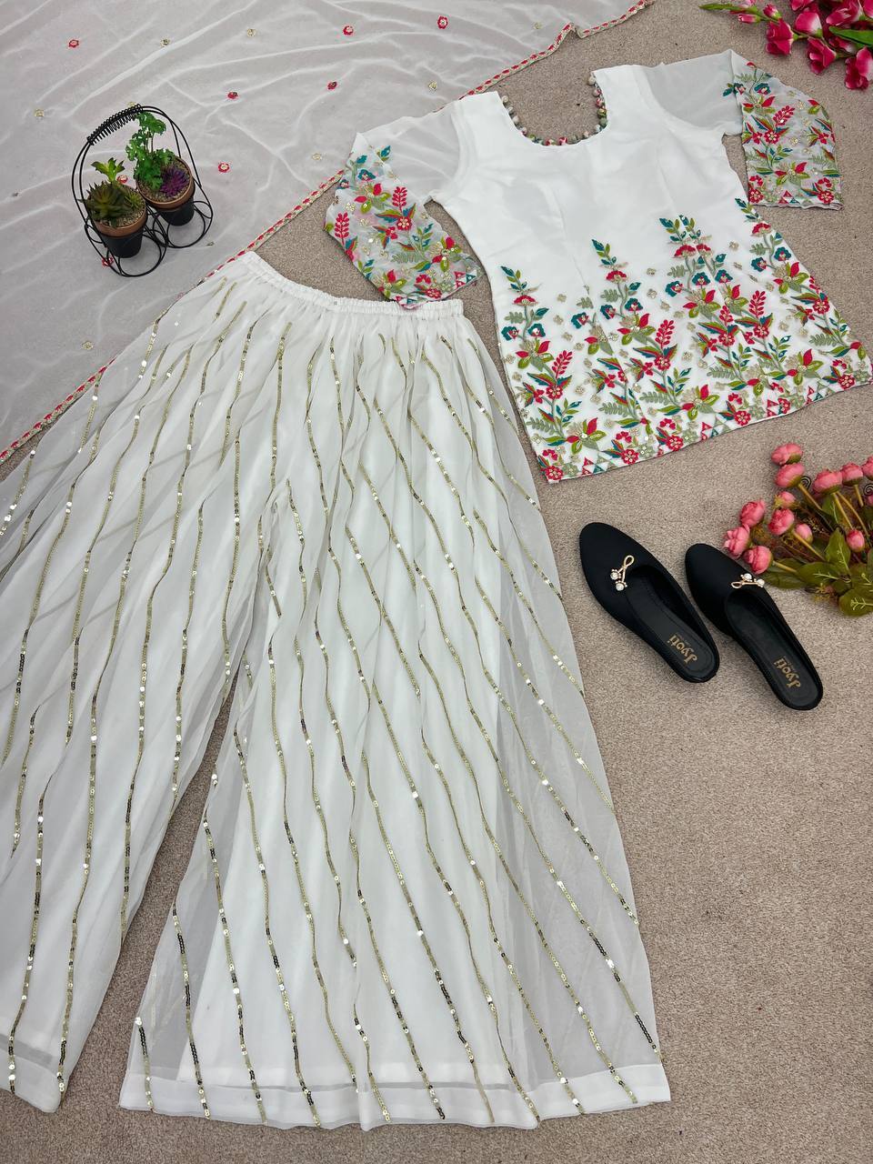 Palazzo Sharara Salwar Kameez Fully Stitched Suit Sequence Work Pakistani Kurti