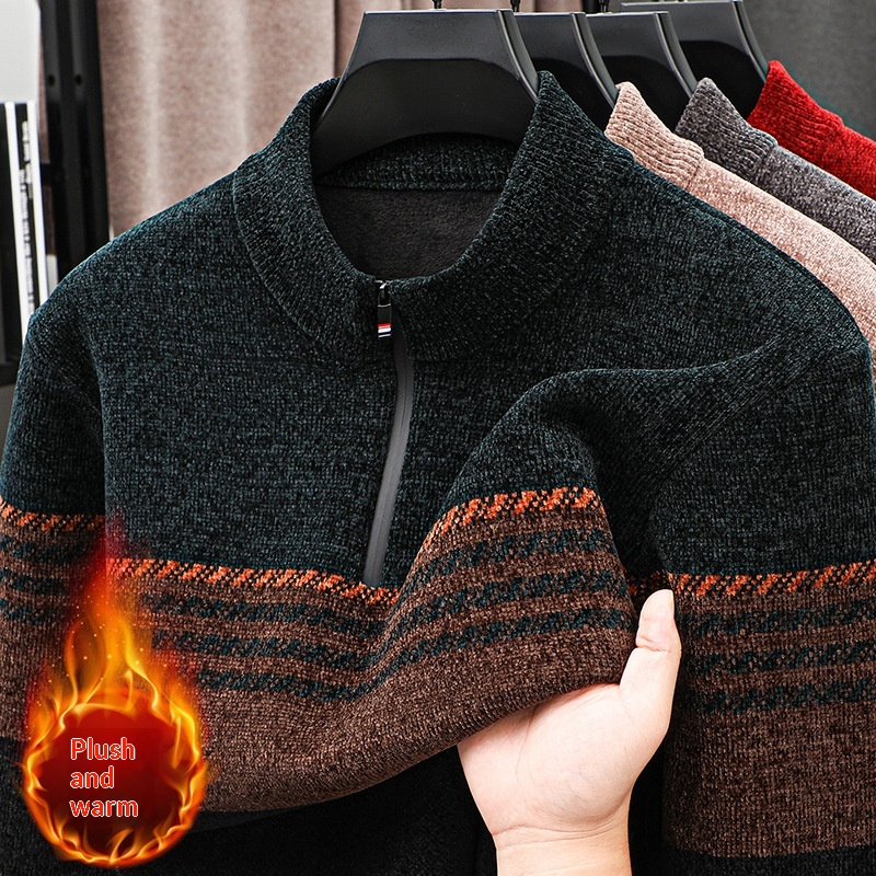 Men's Fleece-lined Thick Half-zip Sweater Warm Autumn Winter Sweater