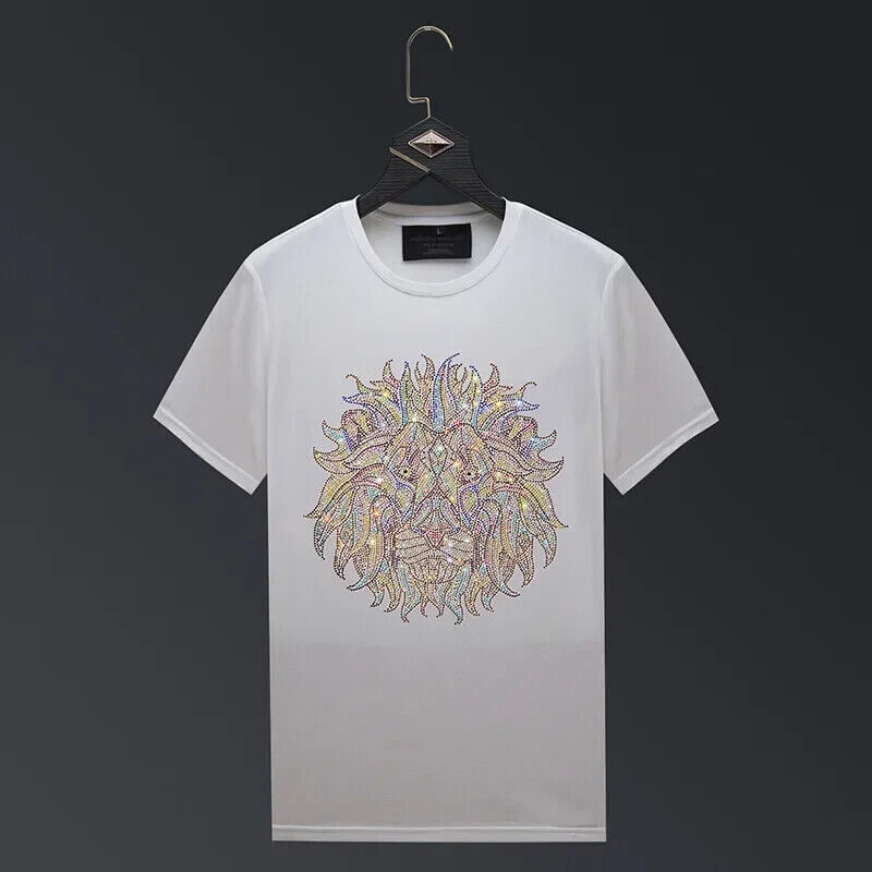 New Fashion Lion Rhinestones Summer Short Sleeve Luxury Men Streetwear T-Shirt
