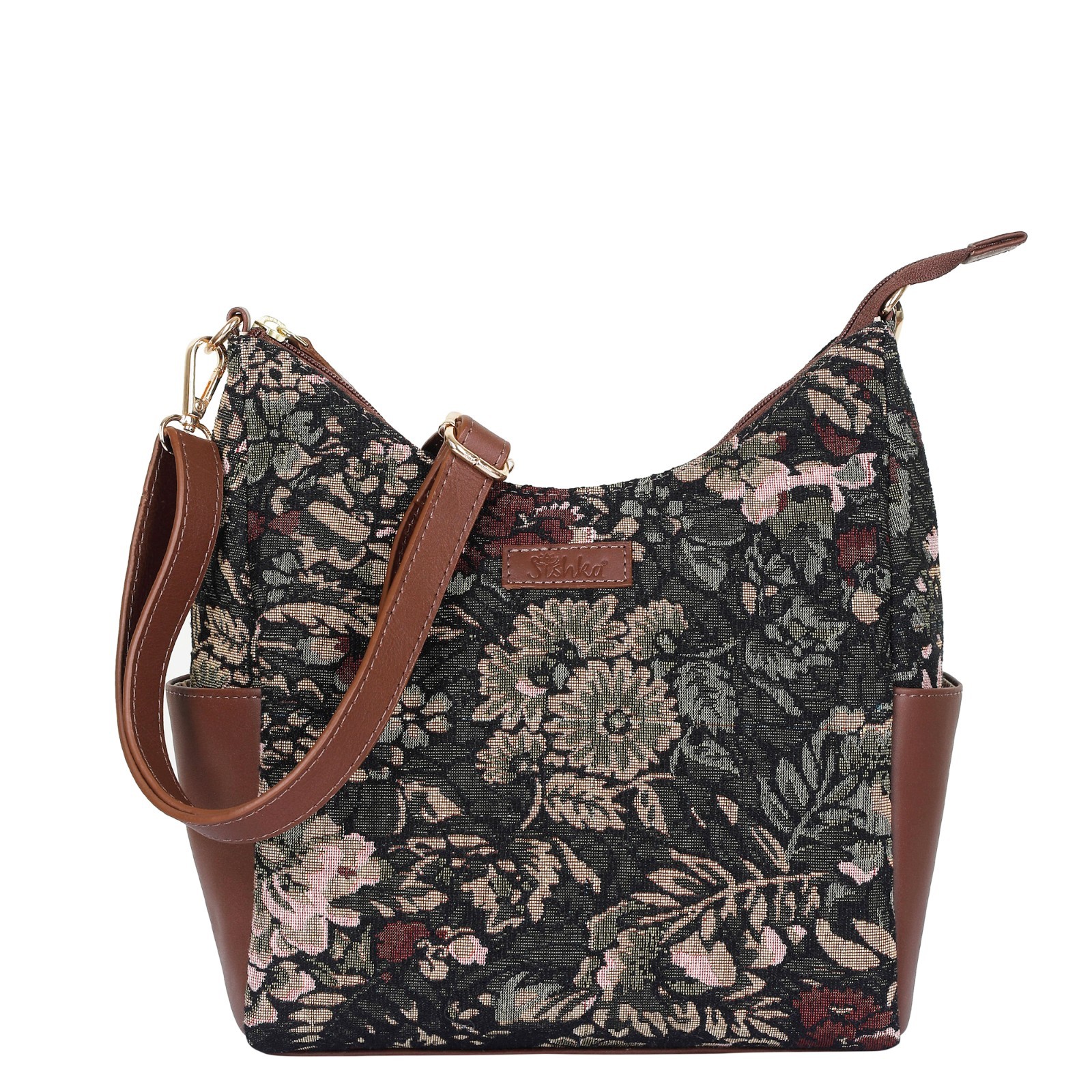 Women’s Tapestry Shoulder Bag – Leather Trim Hobo Tote with Adjustable Strap