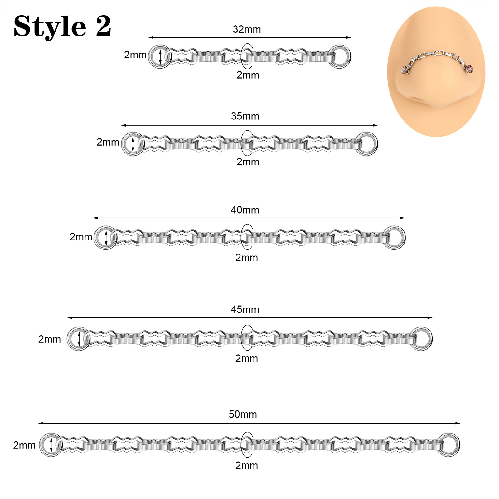 5Pcs Stainless Steel Nose Chain Double Nostril Piercing for Women Men Jewelry - Picture 27 of 104
