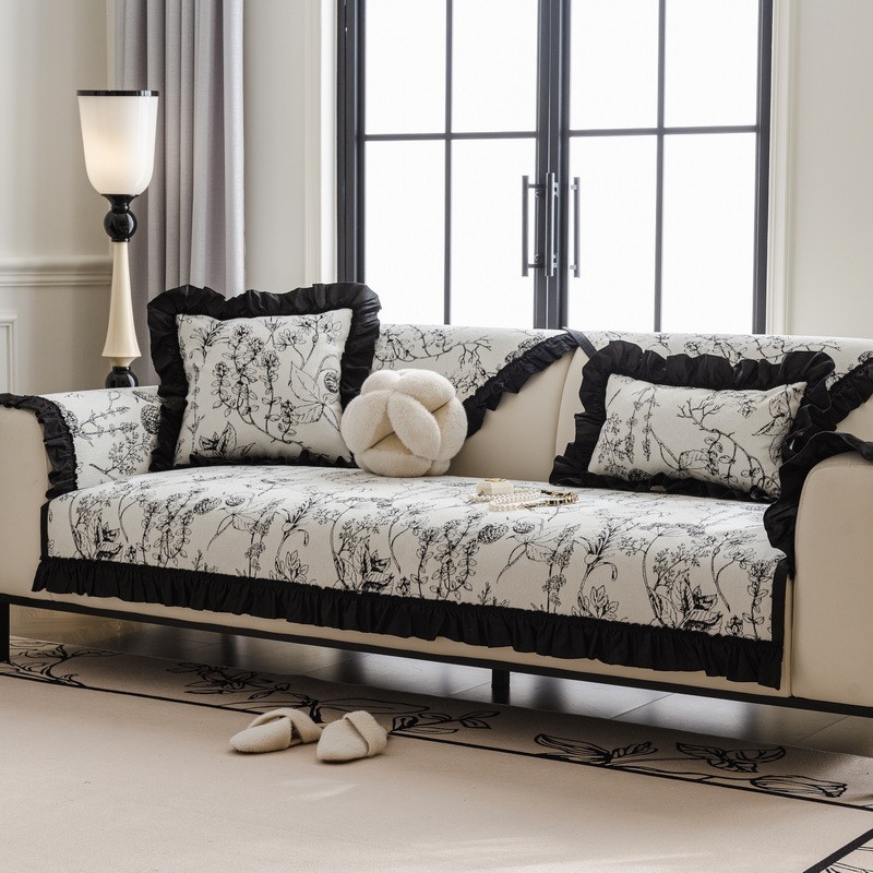 Floral Print Sofa Cushion Cover with Ruffle Edge Non Slip Cotton Blend